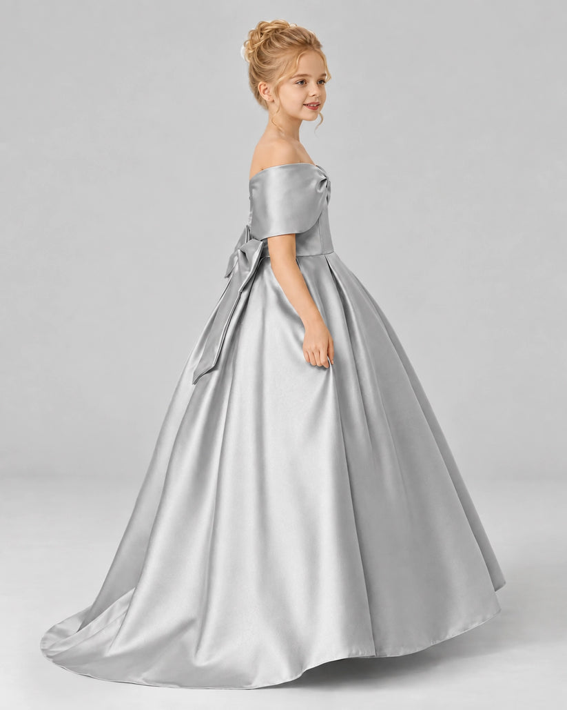 Silver Satin Flower Girl Dress Side View