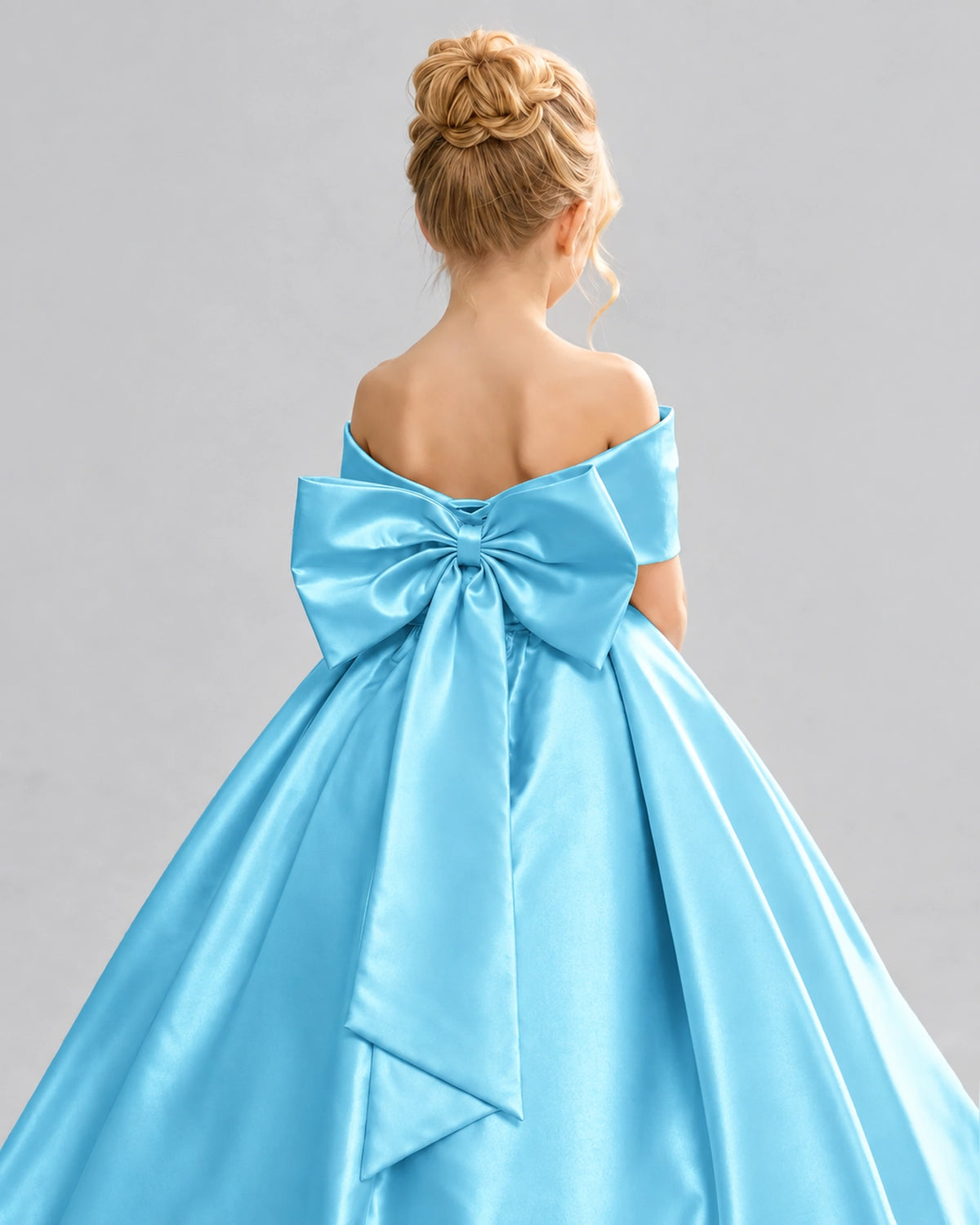 Sky Blue Satin Flower Girl Dress Back Detail View