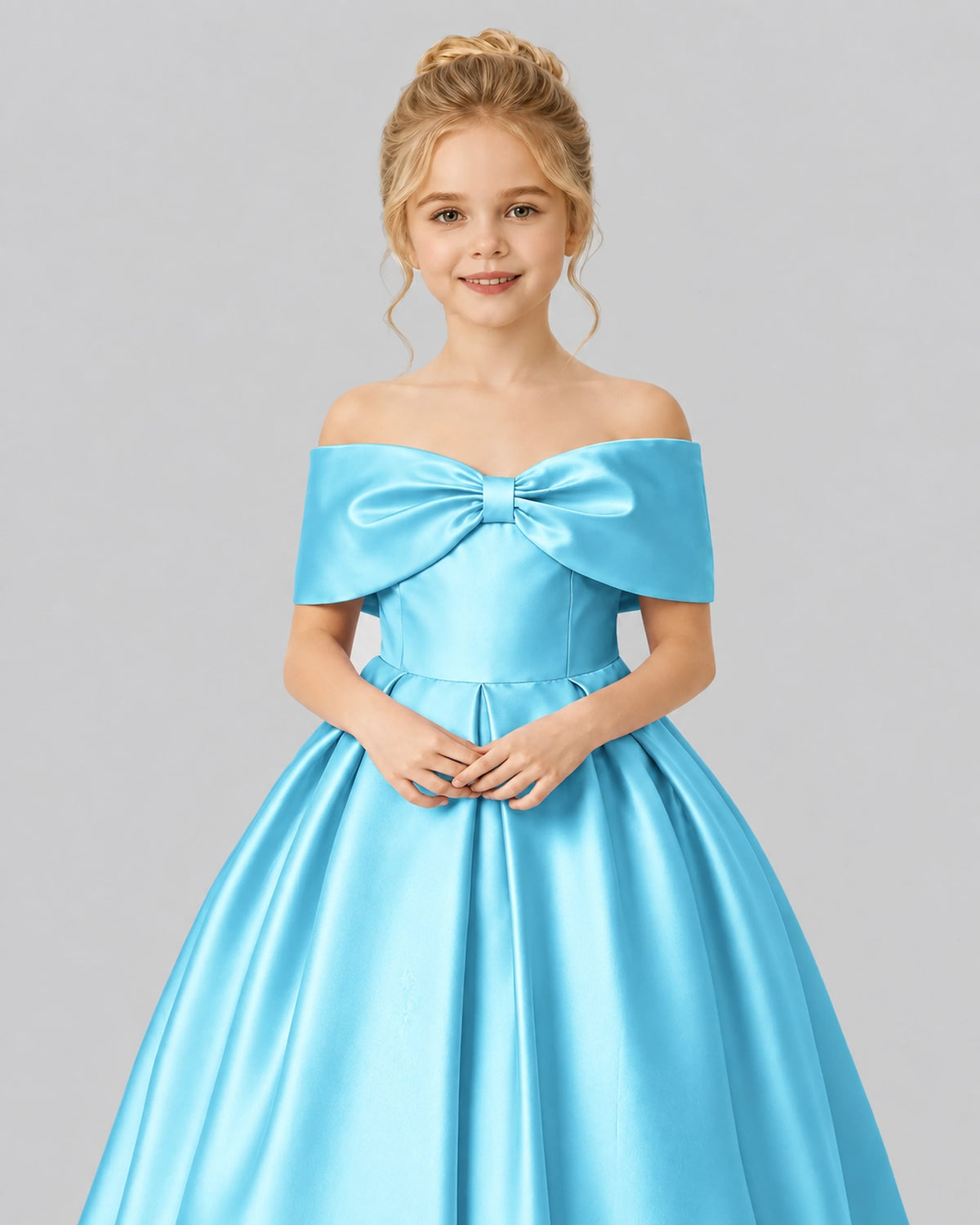 Sky Blue Satin Flower Girl Dress Detail View