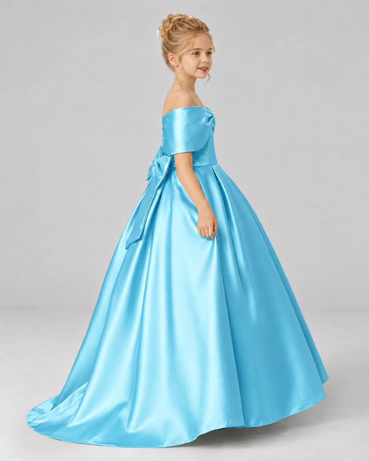 Sky Blue Satin Flower Girl Dress Side View