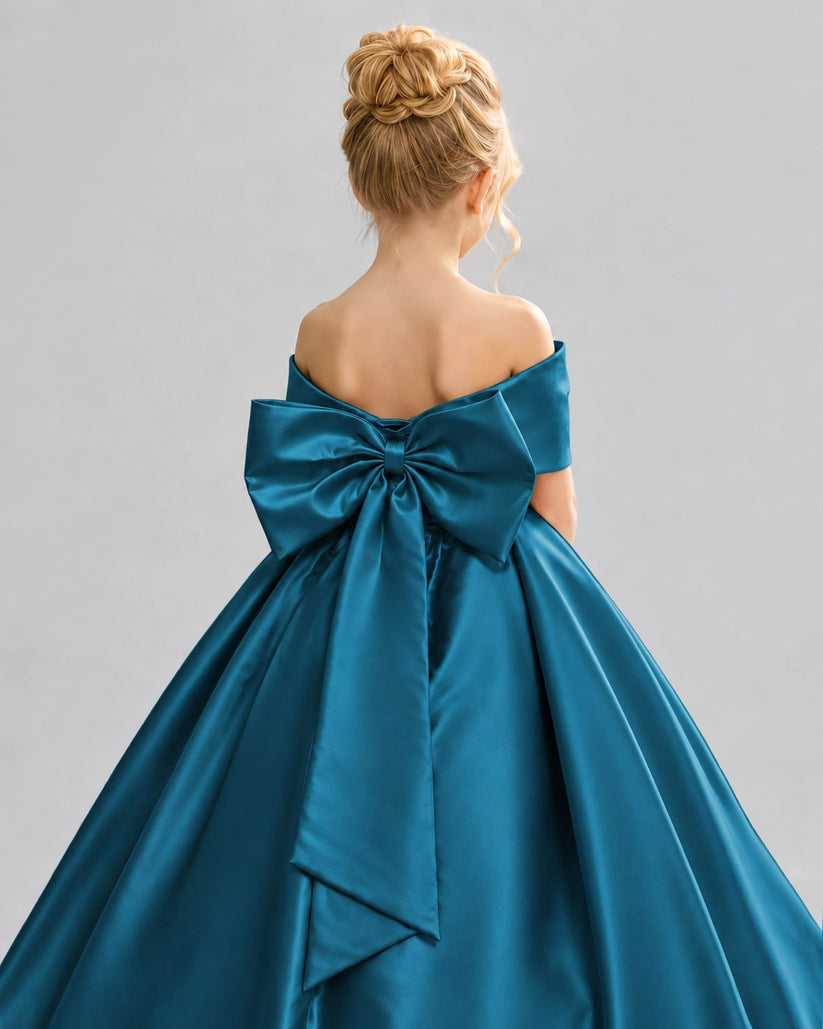 Teal Satin Flower Girl Dress Back Detail View