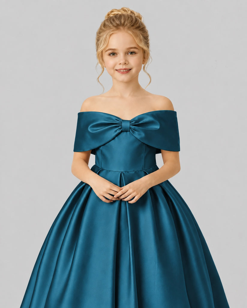 Teal Satin Flower Girl Dress Detail View
