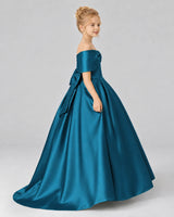 Teal Satin Flower Girl Dress Side View
