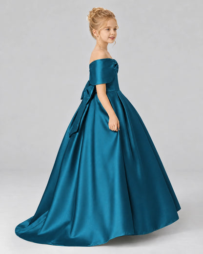 Teal Satin Flower Girl Dress Side View