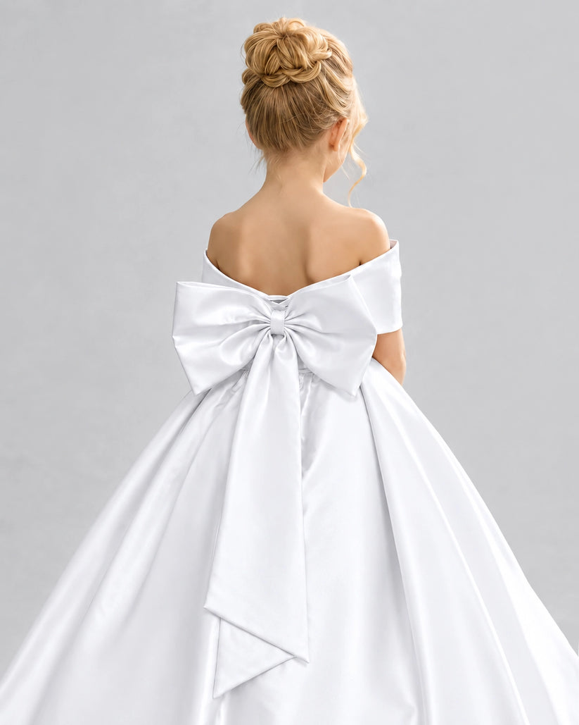 White Satin Flower Girl Dress Back Detail View