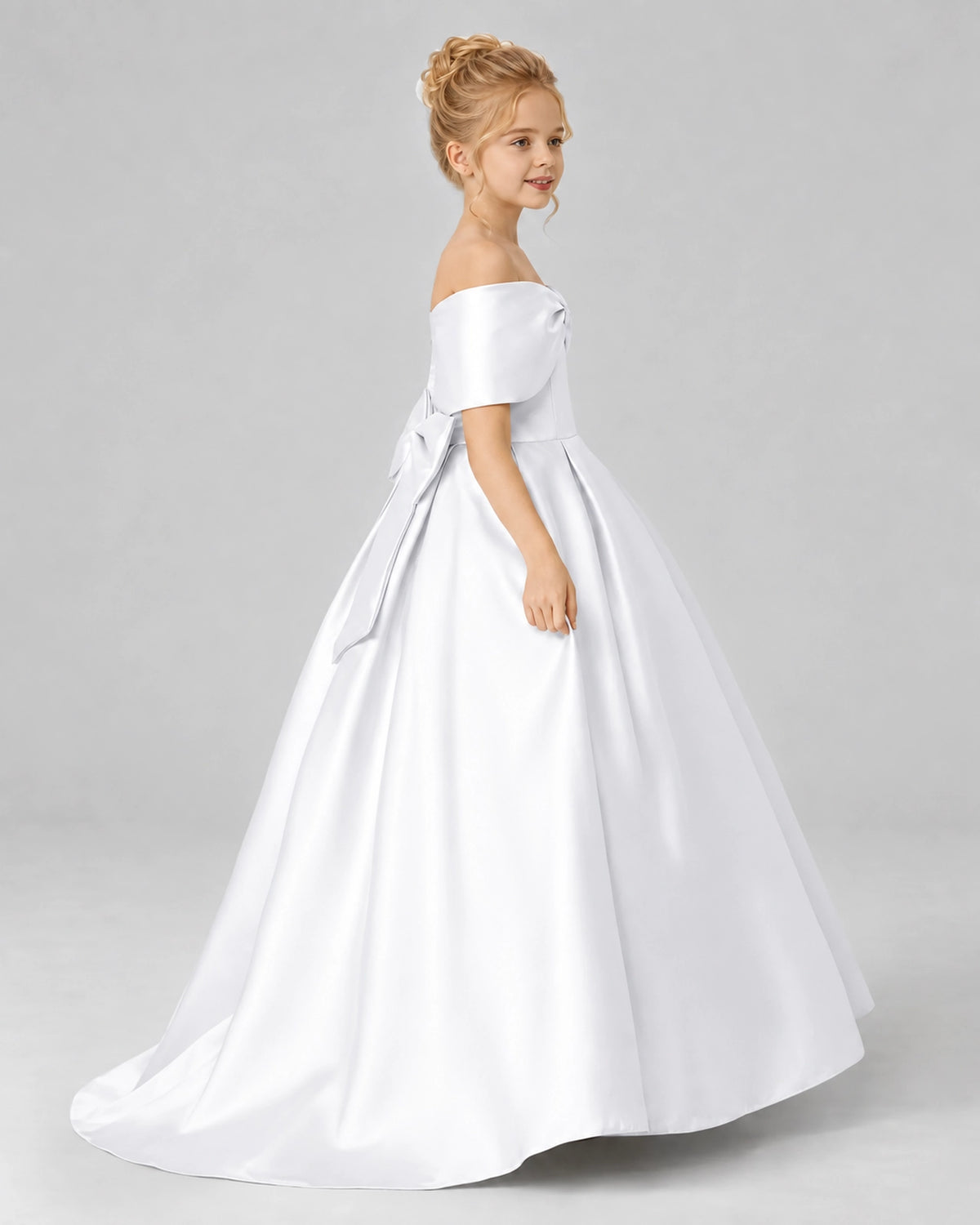 White Satin Flower Girl Dress Side View