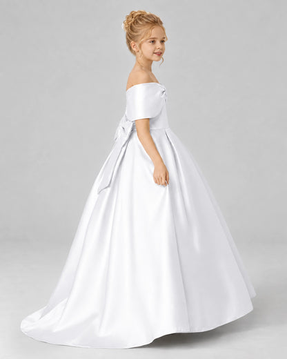 White Satin Flower Girl Dress Side View