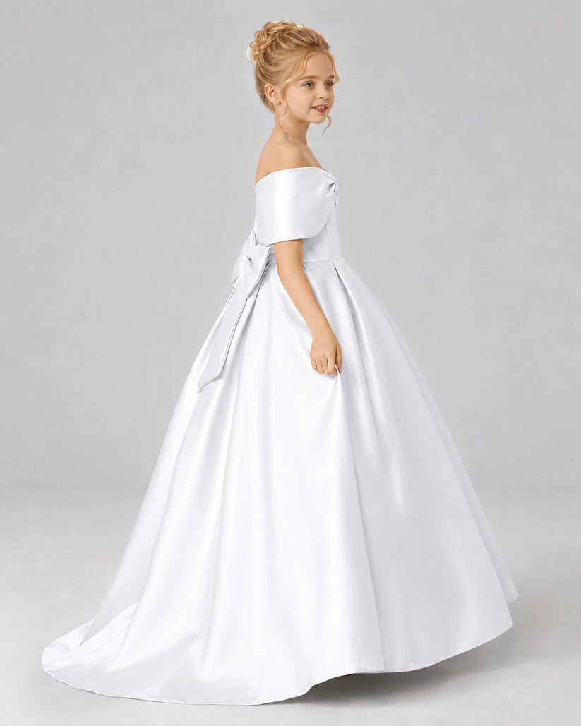 White Satin Flower Girl Dress Side View