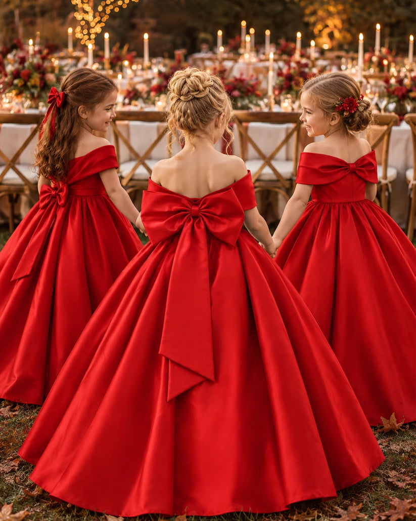 Red Satin Ball Gown Flower Girl Dress Back View