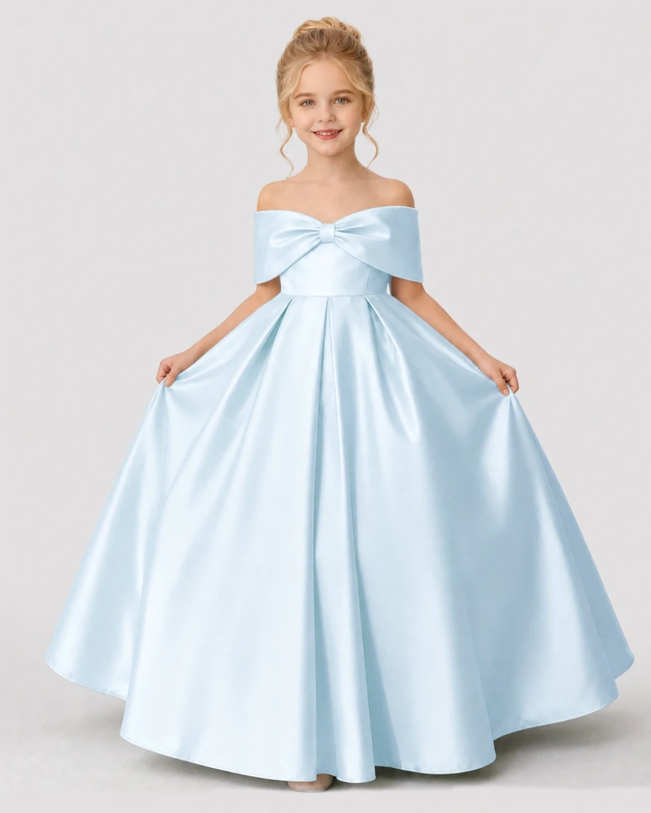 Baby Blue Satin A-line Flower Girl Dress Front View