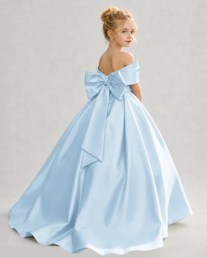 Baby Blue Satin Ball Gown Flower Girl Dress Back View