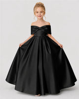 Black Satin A-line Flower Girl Dress Front View