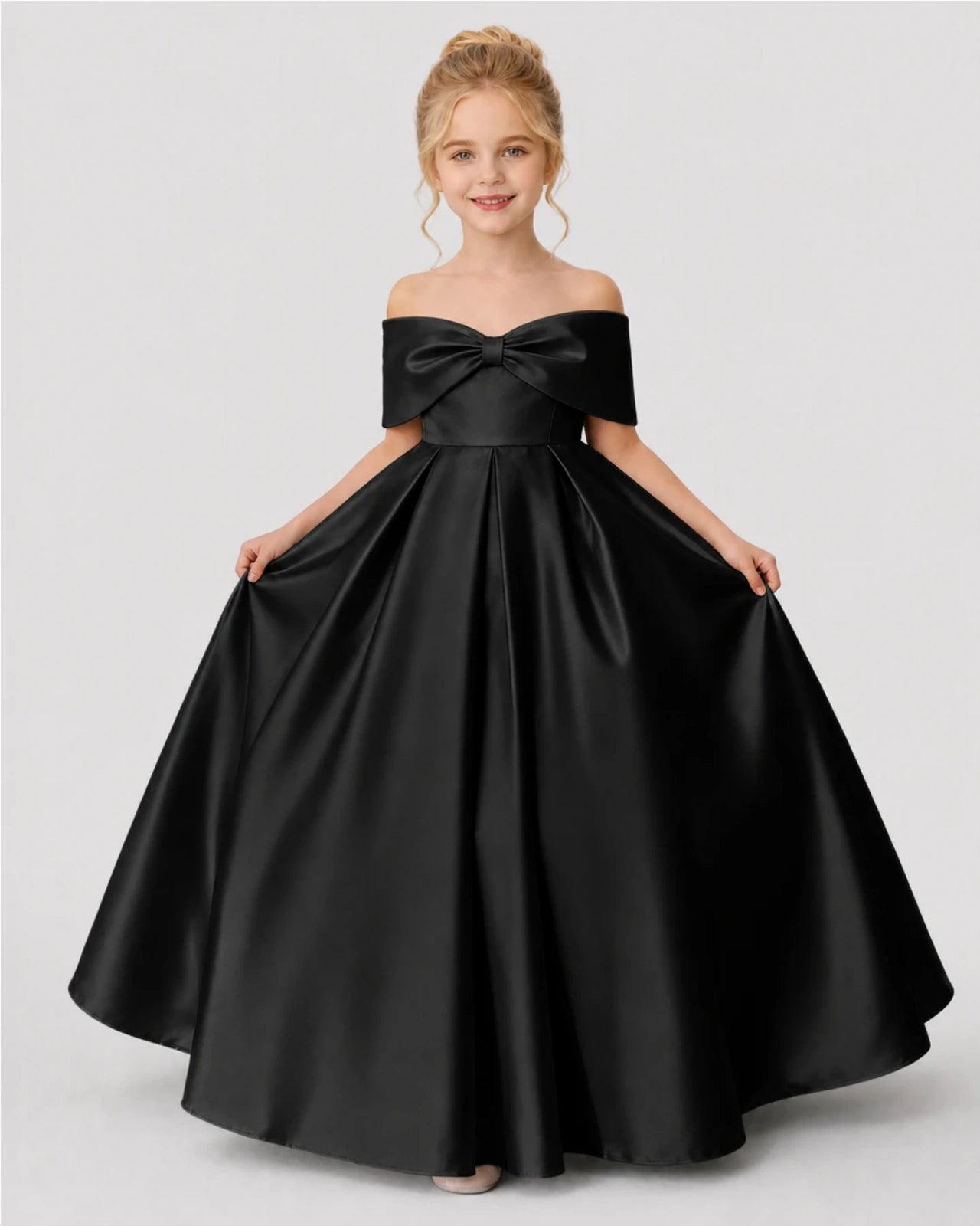 Black Satin A-line Flower Girl Dress Front View