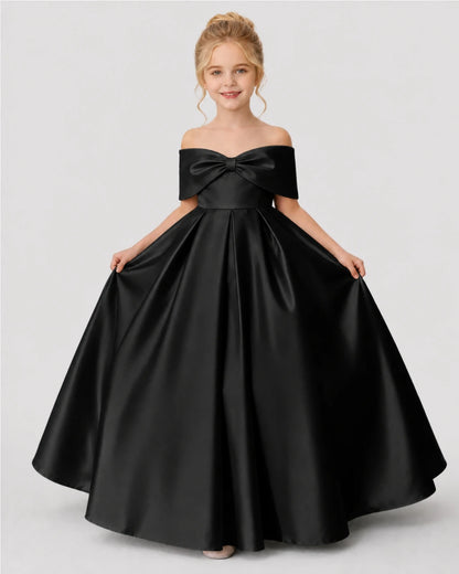 Black Satin A-line Flower Girl Dress Front View