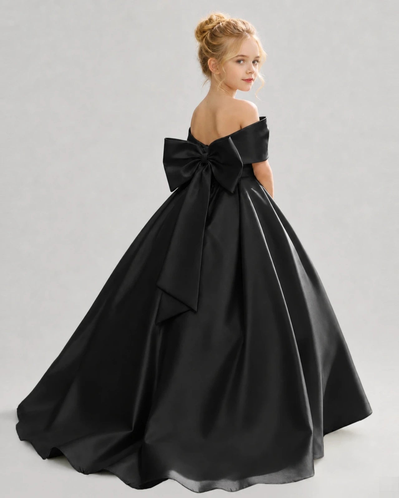 Black Satin Ball Gown Flower Girl Dress Back View