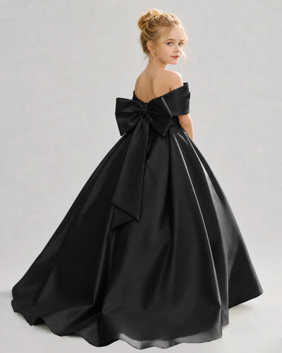 Black Satin Ball Gown Flower Girl Dress Back View