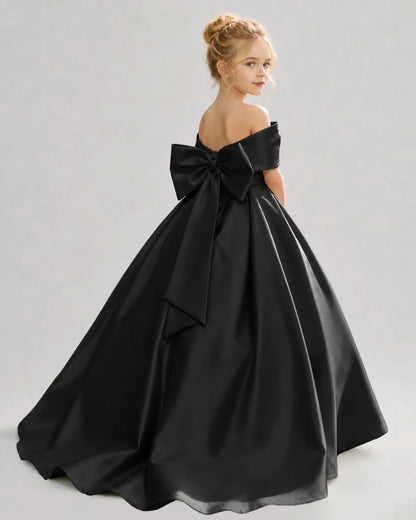 Black Satin Ball Gown Flower Girl Dress Back View