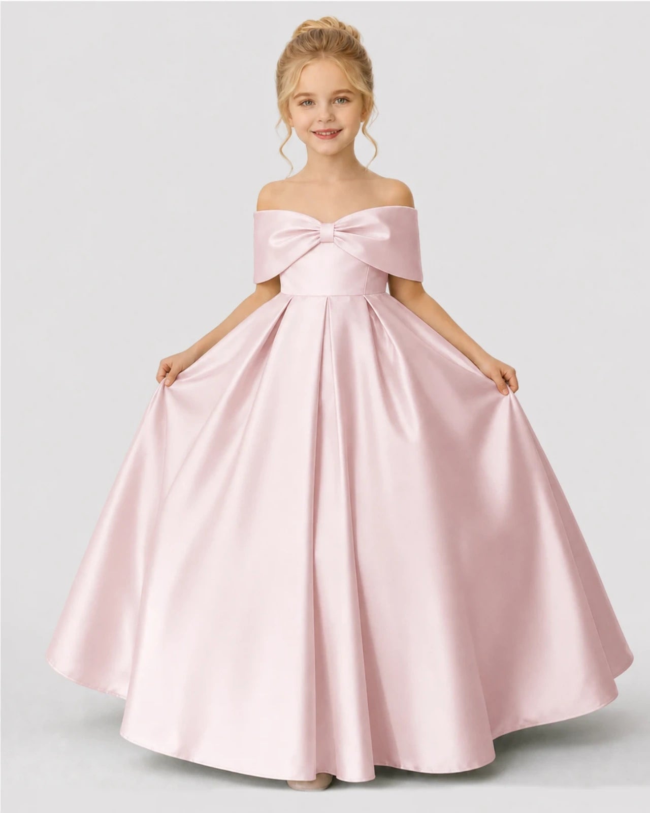 Blush Pink Satin Ball Gown Flower Girl Dress Front View