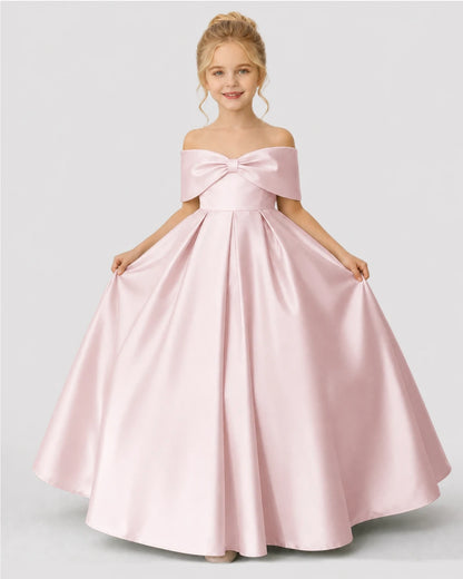 Blush Pink Satin Ball Gown Flower Girl Dress Front View