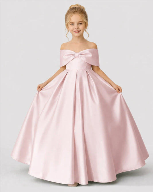 Blush Pink Satin Ball Gown Flower Girl Dress Front View