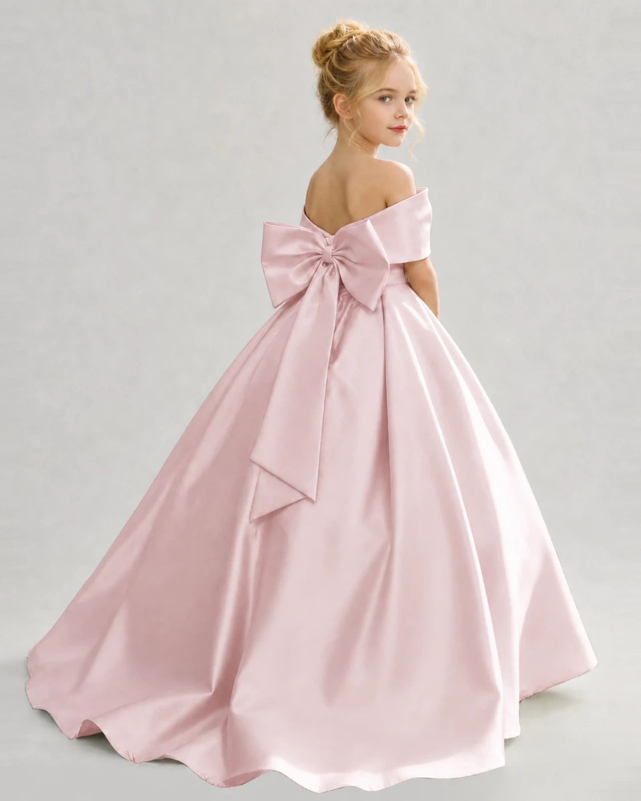Blush Pink Satin Ball Gown Flower Girl Dress Back View