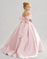 Blush Pink Satin Ball Gown Flower Girl Dress Back View