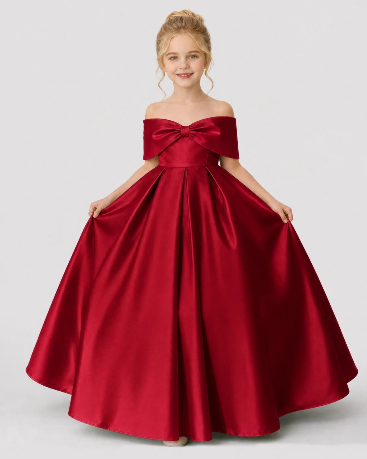 Burgundy Satin A-line Flower Girl Dress Front View