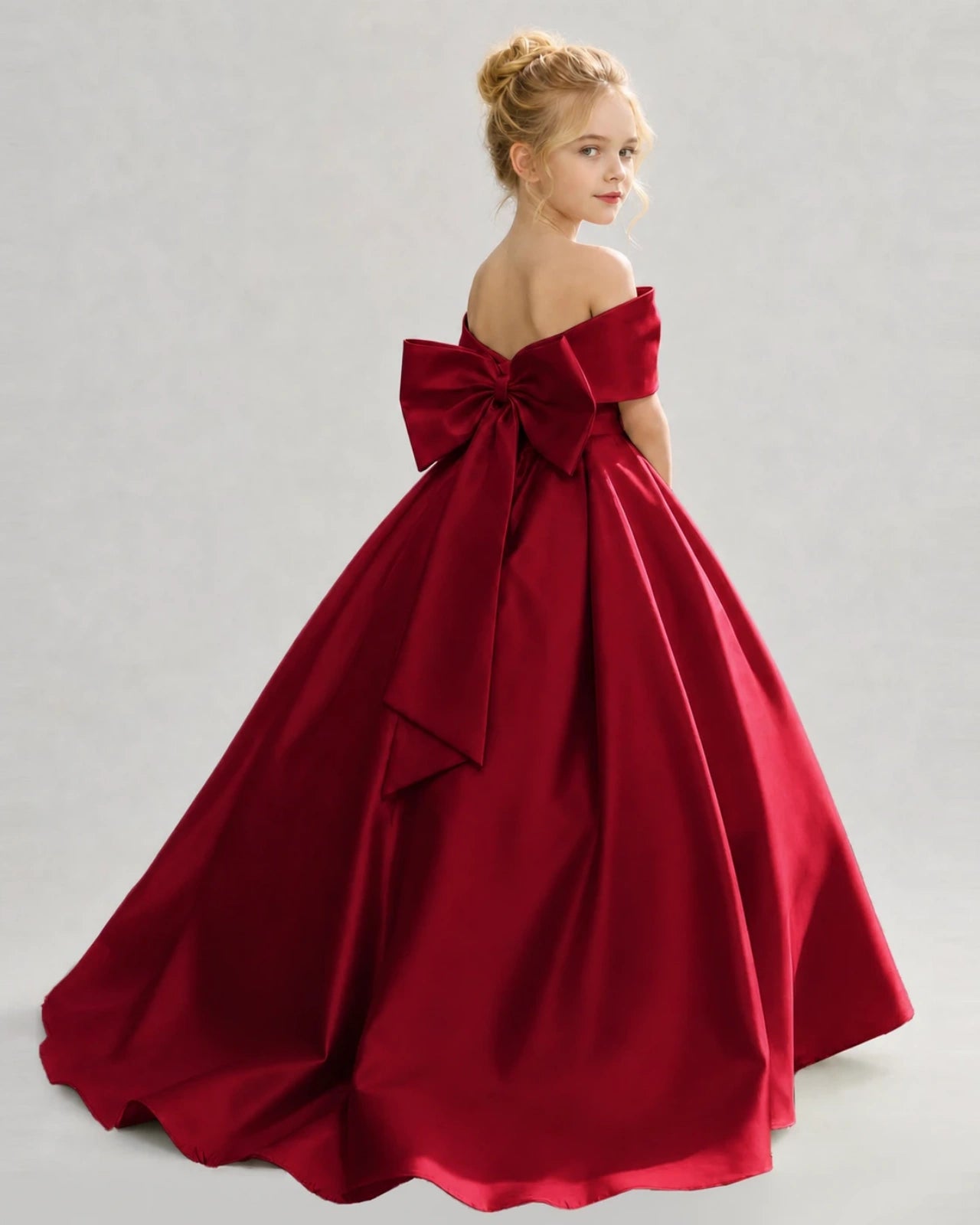 Burgundy Satin Ball Gown Flower Girl Dress Back View