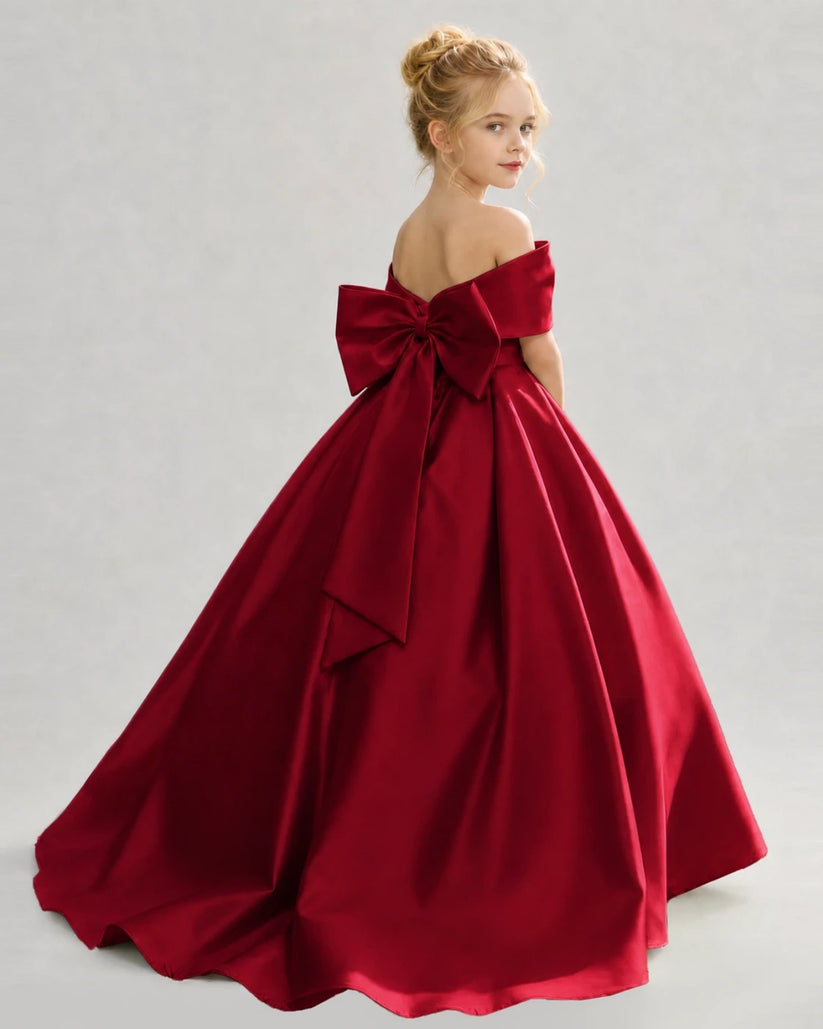 Burgundy Satin Ball Gown Flower Girl Dress Back View