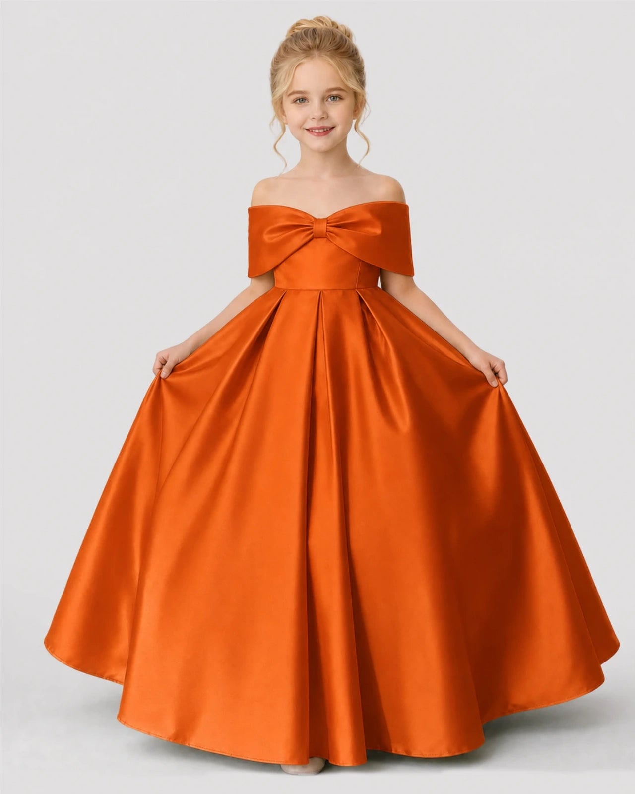 Burnt Orange Satin A-line Flower Girl Dress Front View