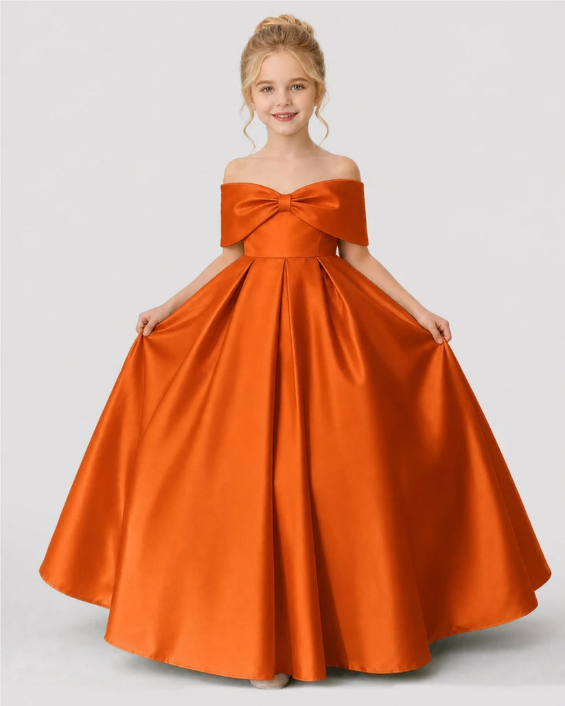 Burnt Orange Satin A-line Flower Girl Dress Front View