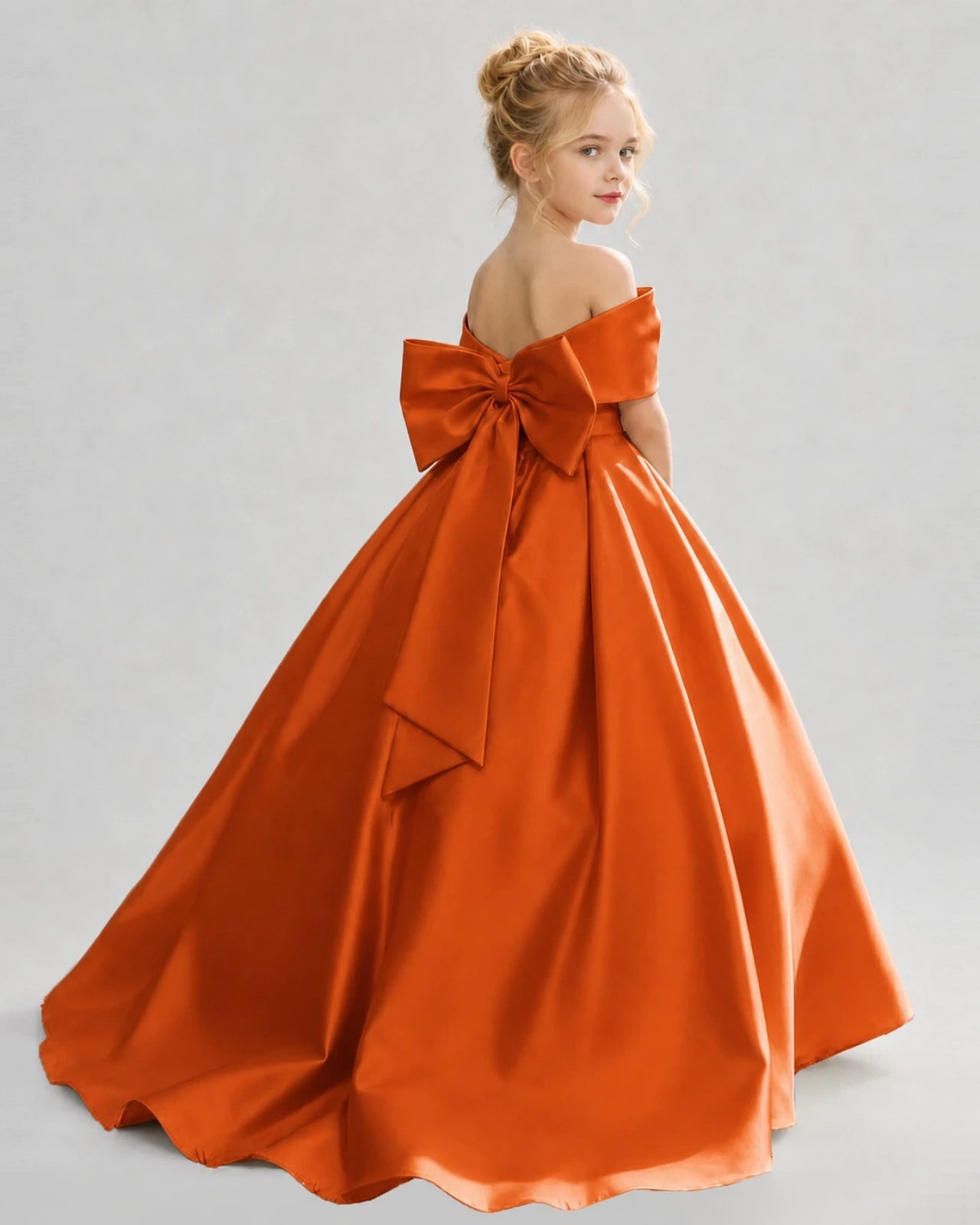 Burnt Orange Satin Ball Gown Flower Girl Dress Back View