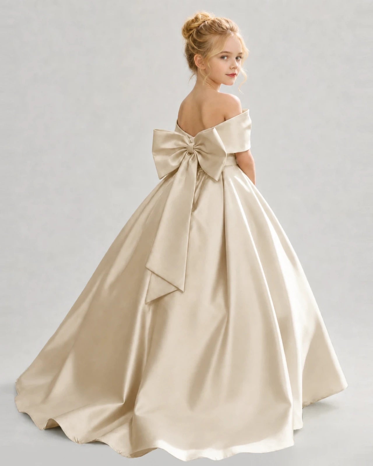 Champagne Satin Ball Gown Flower Girl Dress Back View