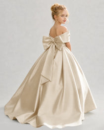 Dideyttawl White Flower Girl Dress Off-the-Shoulder Satin Ball Gown