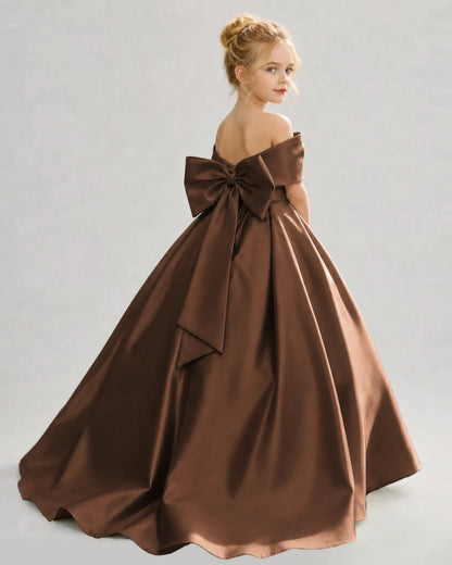 Chocolate Satin Ball Gown Flower Girl Dress Back View