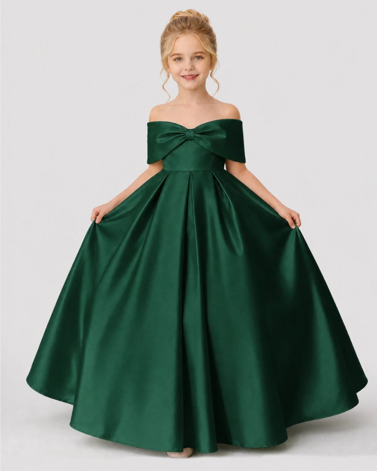 Dark Green Satin A-line Flower Girl Dress Front View