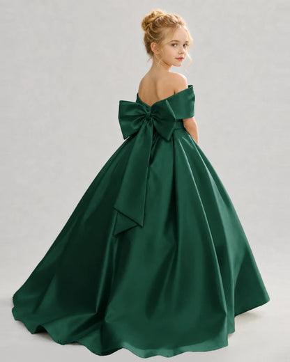 Dark Green Satin Ball Gown Flower Girl Dress Back View