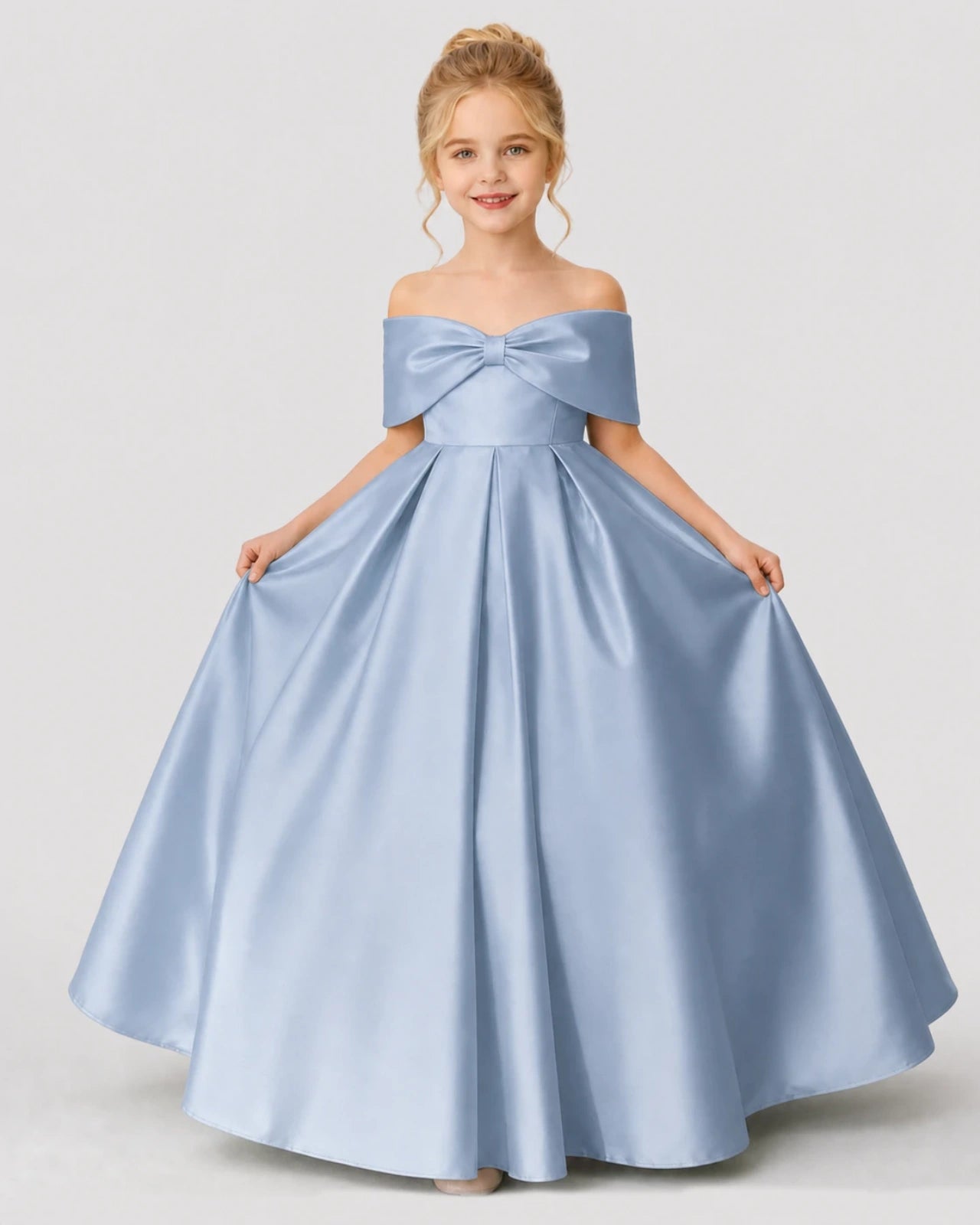 Dusty Blue Satin A-line Flower Girl Dress Front View