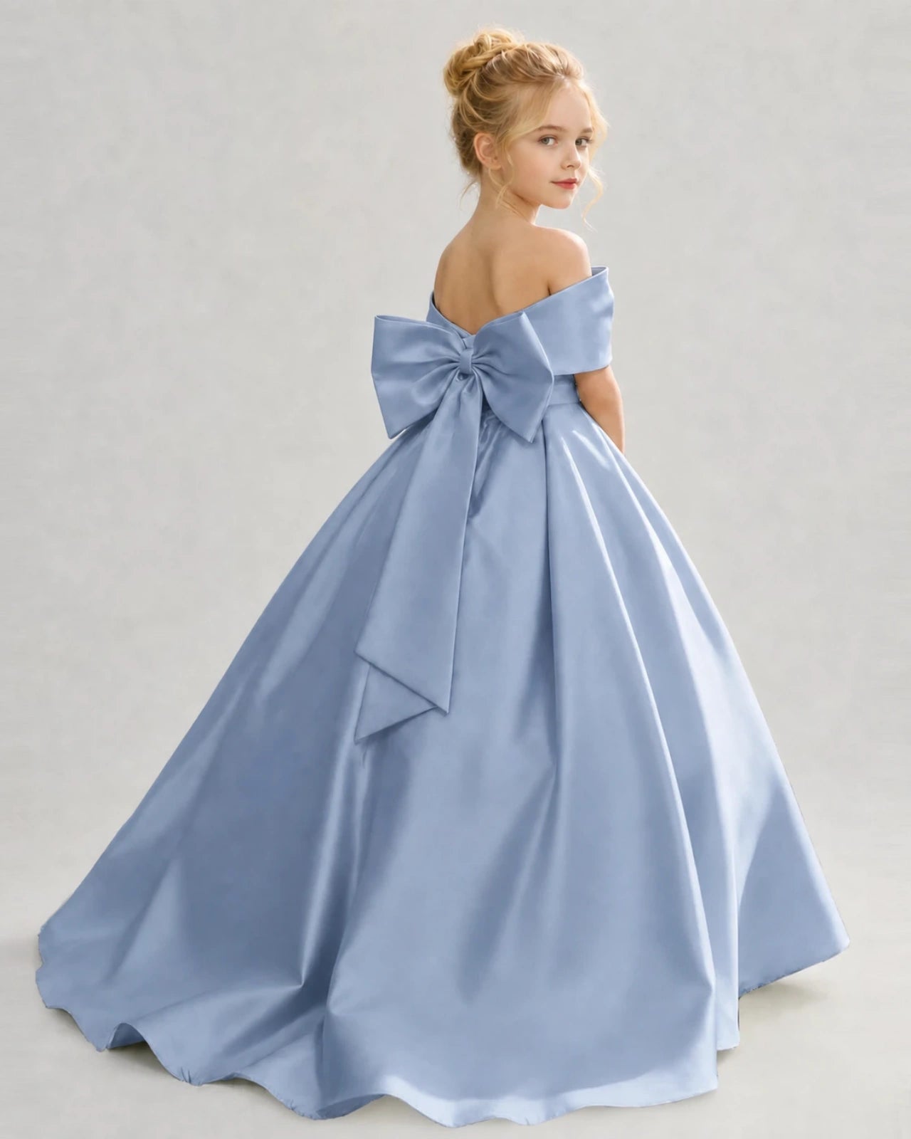Dusty Blue Satin Ball Gown Flower Girl Dress Back View
