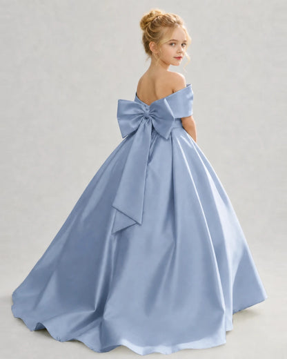 Dusty Blue Satin Ball Gown Flower Girl Dress Back View