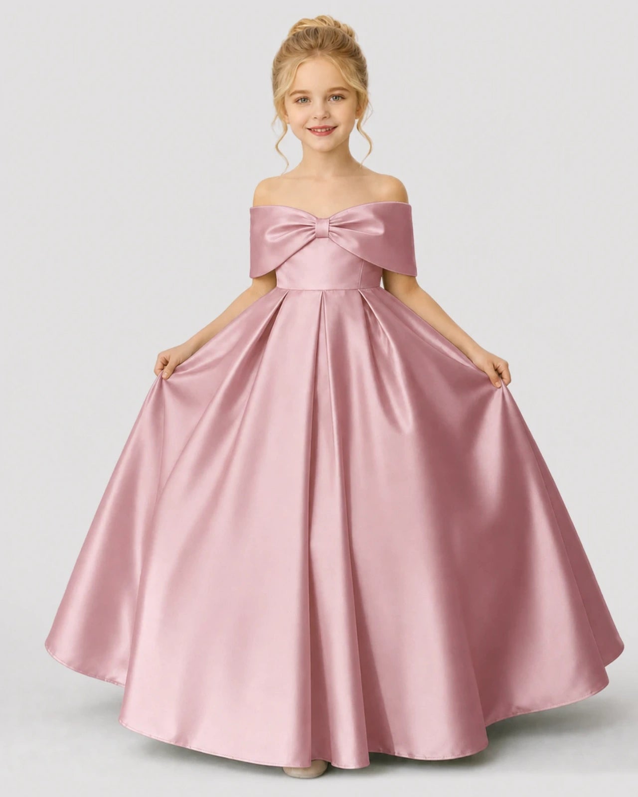 Dusty Rose Satin A-line Flower Girl Dress Front View