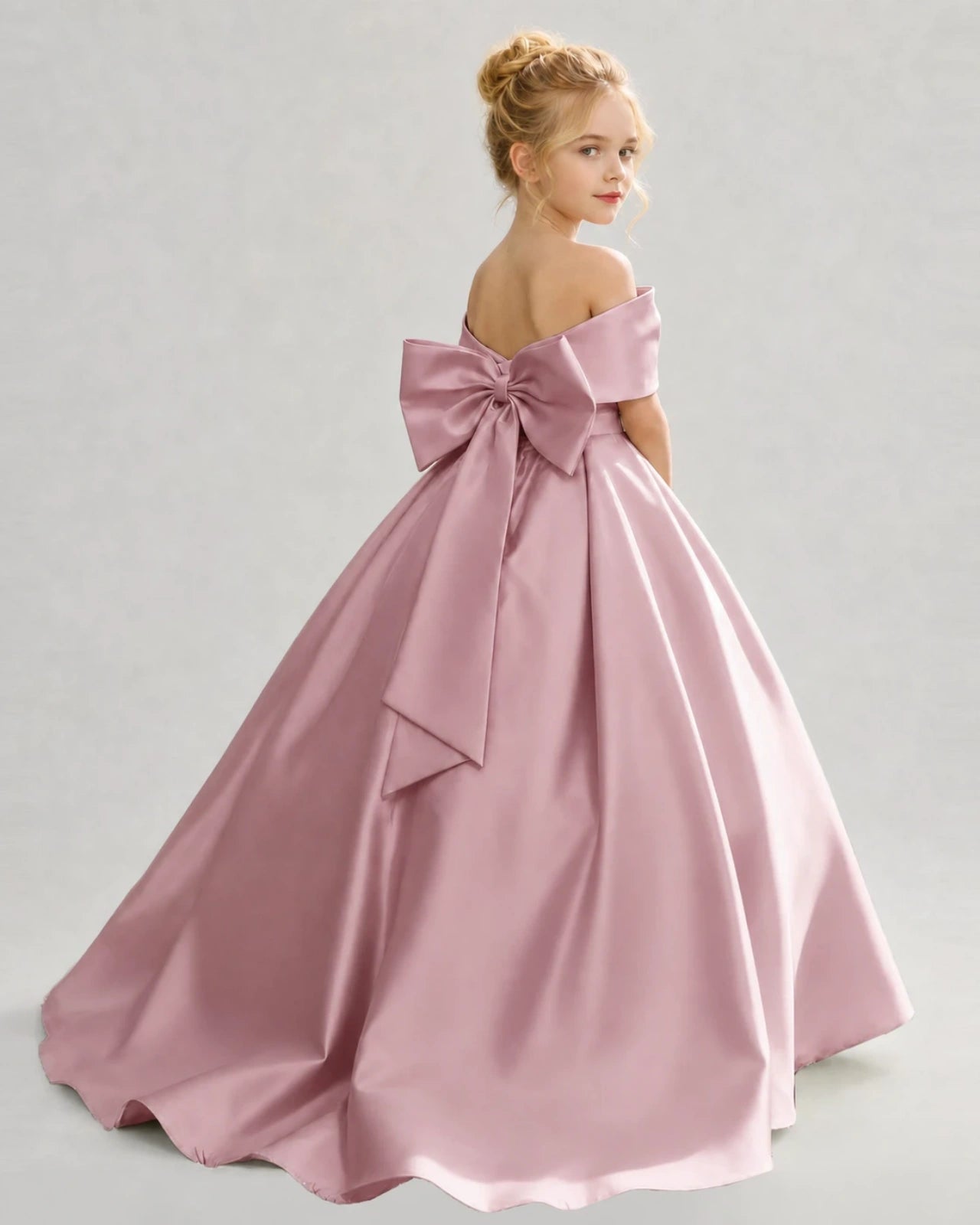 Dusty Rose Satin Ball Gown Flower Girl Dress Back View
