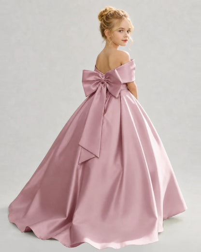 Dusty Rose Satin Ball Gown Flower Girl Dress Back View