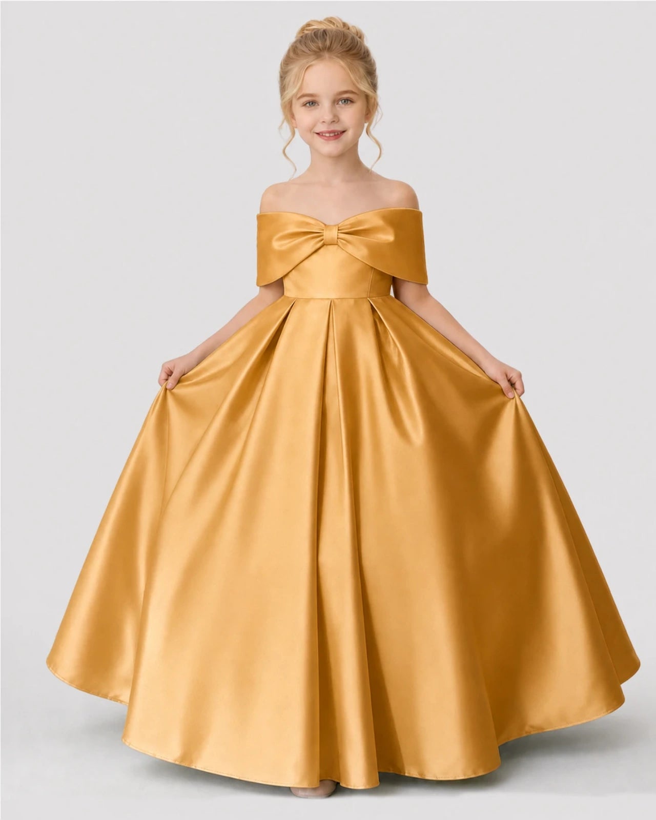 Gold Satin A-line Flower Girl Dress Front View