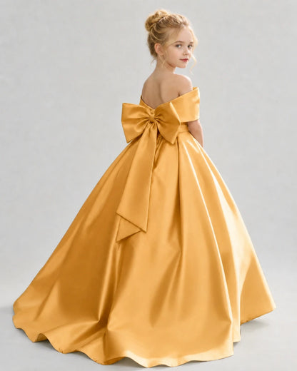 Gold Satin Ball Gown Flower Girl Dress Back View