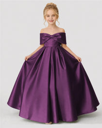 Dideyttawl White Flower Girl Dress Off-the-Shoulder Satin Ball Gown