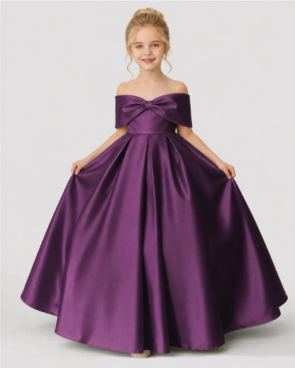 Grape Satin A-line Flower Girl Dress Front View