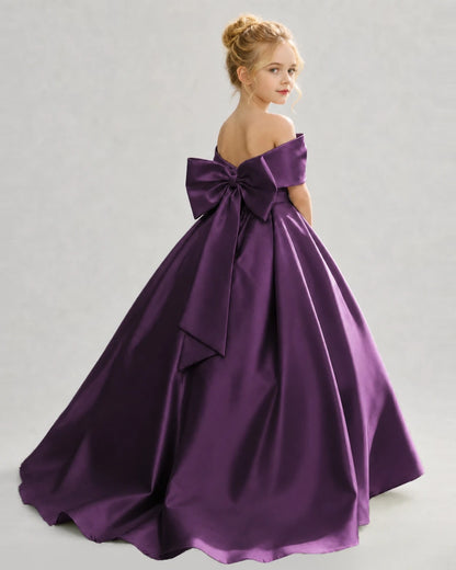 Grape Satin Ball Gown Flower Girl Dress Back View