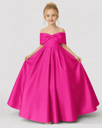 Dideyttawl White Flower Girl Dress Off-the-Shoulder Satin Ball Gown