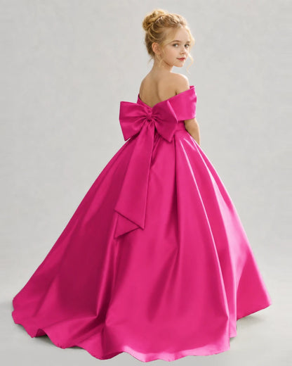 Hot Pink Satin Ball Gown Flower Girl Dress Back View